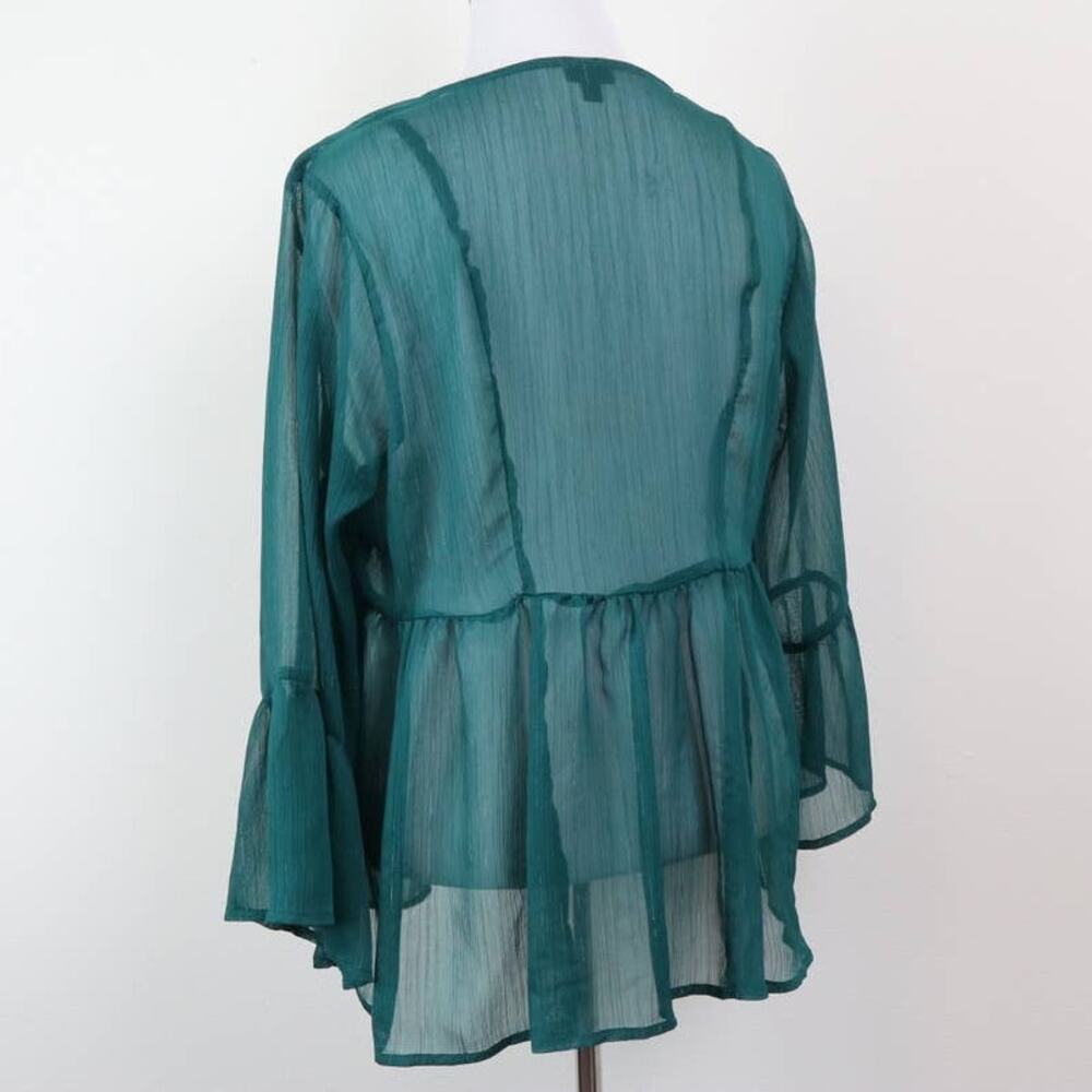 Torrid Size 0 L Babydoll Chiffon Blouse Bell Sleeve Lace-Up Green - Picture 4 of 12